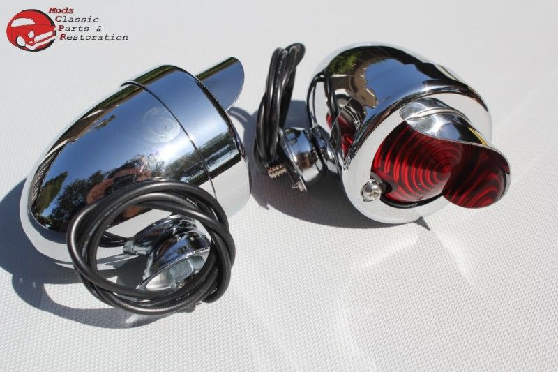 Small Mini Red Marker Lights W Visor Chrome Custom Car Truck Hot Rod